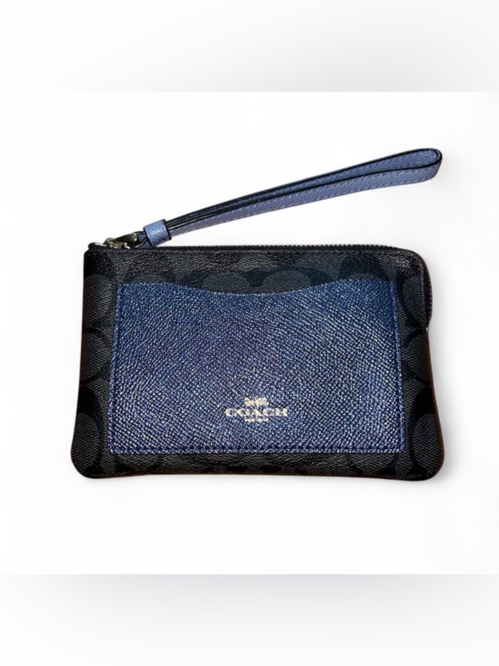 Coach Black Canvas Wristlet with Blue Front Pocket Navy Signature